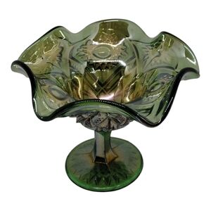 Vintage Imperial Glass Hobstar Flower Green Carnival Glass Pedestal Compote Dish